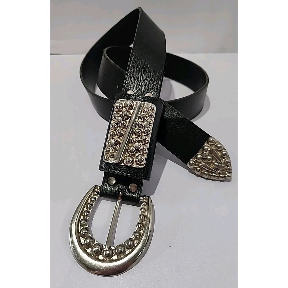 Black Belt with Silver Tone Metal Studded Accents 34" - 38"  Western Gothic Rock